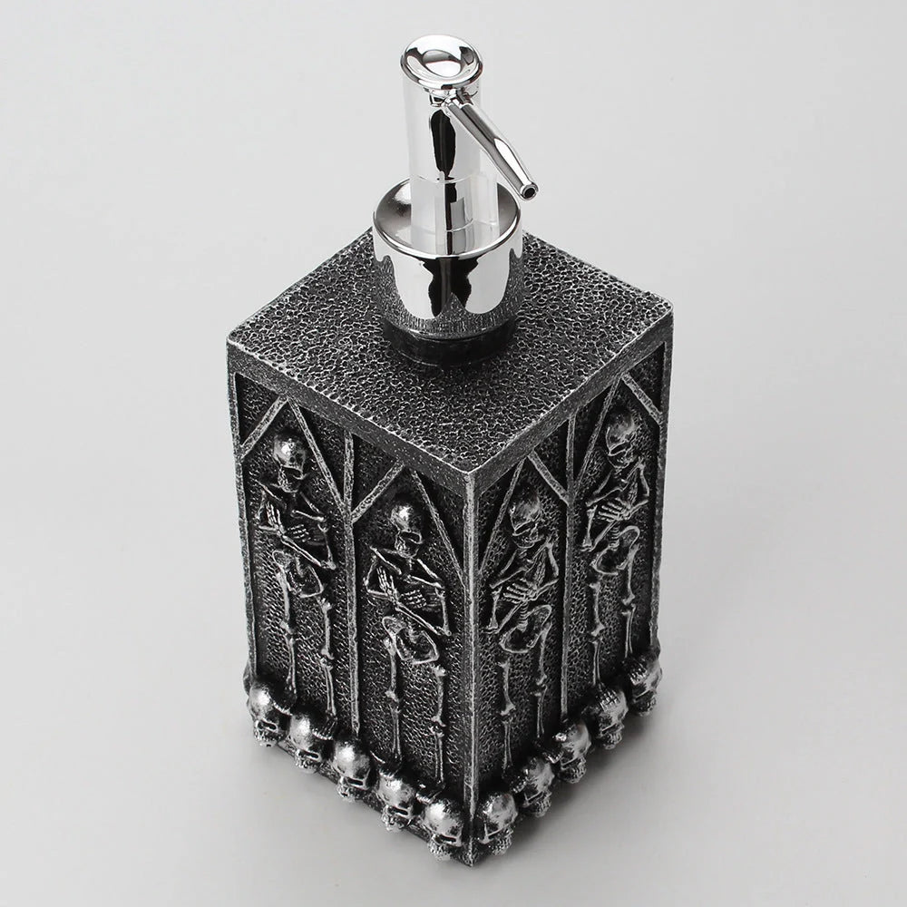 Stylish skull-shaped hand sanitizer dispenser made of premium resin with a large 460ml capacity for convenient hygiene on the go