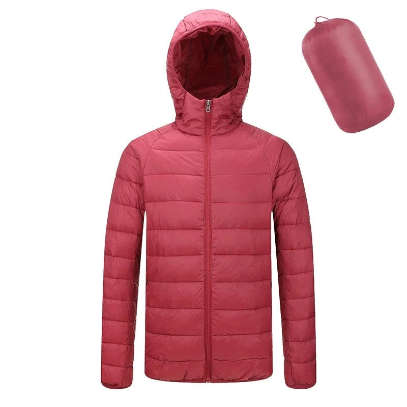 Men's insulated hooded jacket in various colors and styles with adjustable hood and zippered pockets