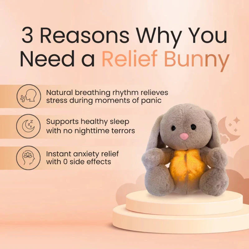 A soft, plush rabbit toy with a breathing mechanism that mimics natural respiration to soothe and comfort newborns