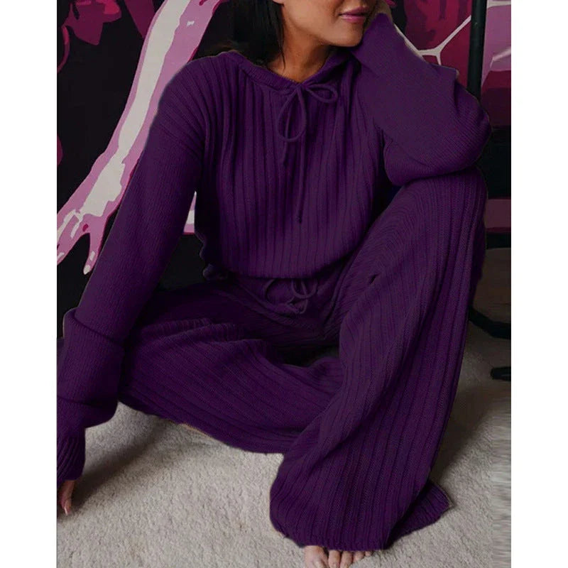 Cozy hooded two-piece loungewear set with soft, stretchy fabric and relaxed silhouette