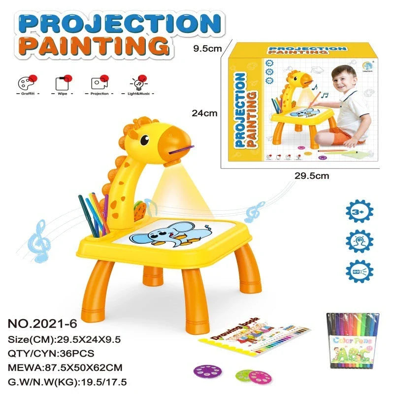 A smart projection art desk with various colourful patterns, drawing pens, and a blank drawing book, designed to stimulate children's creativity and intellectual development.