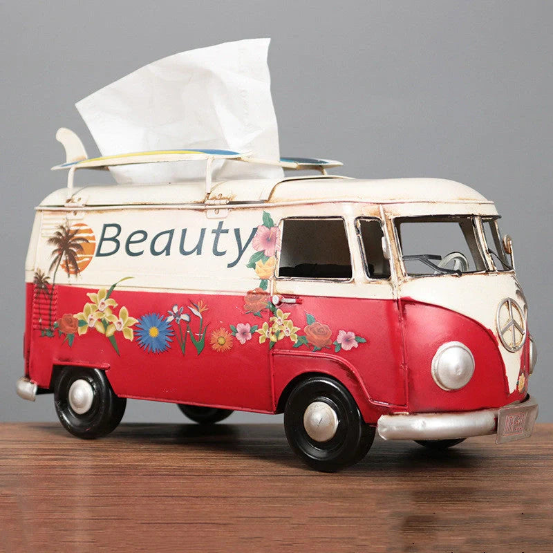 Handcrafted multicolour retro bus tissue box for home decoration