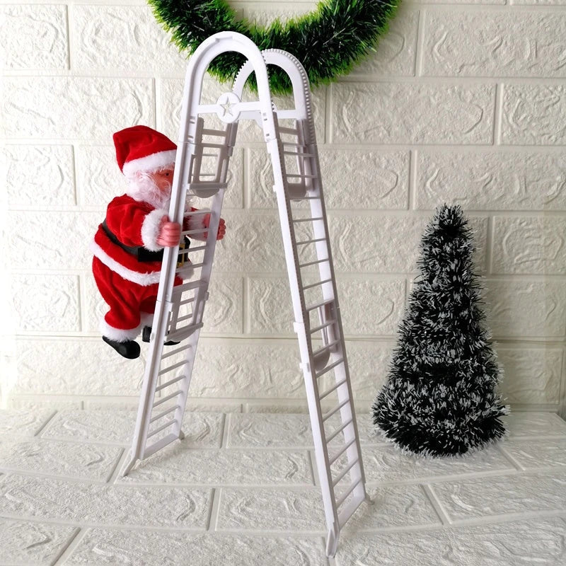 Festive Santa Claus Climbing Ladder - Automated Holiday Decoration with Red Ladder and Cheerful Music