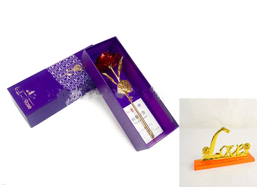 A luxurious 24K gold-plated rose flower bouquet set with a gift box and tote bag