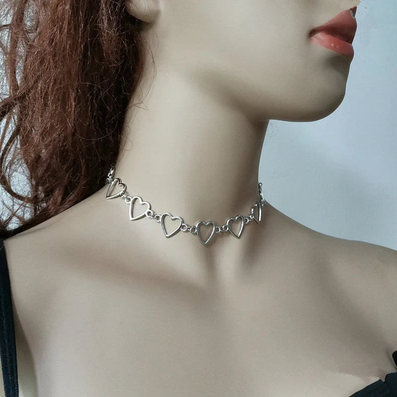 Hollow Korean Sweet Love Heart Choker in silver and gold with adjustable chain
