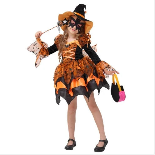 A children's Halloween costume in the form of a princess dress, featuring a stylish and fashionable design made with soft, gentle materials.