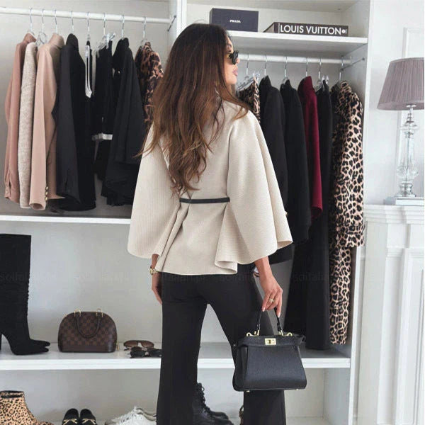 Stylish batwing cloak jacket for women in various colors, including black, apricot, gray, and wine red.