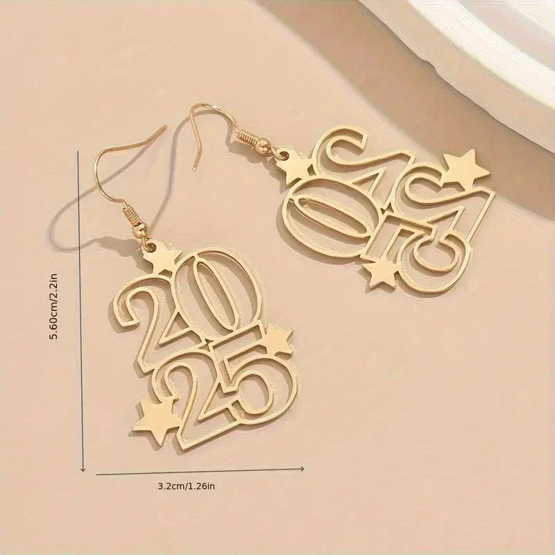 Gold-tone dangle earrings with '2025' design, ideal for New Year's Eve and other fashionable celebrations