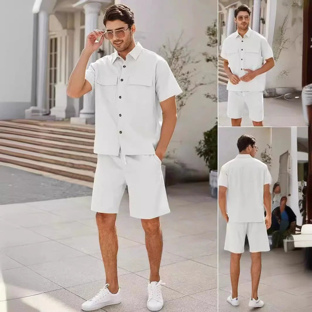 A stylish summer suit featuring a short-sleeved shirt and drawstring shorts in a variety of classic colours, perfect for leisure and sports activities.