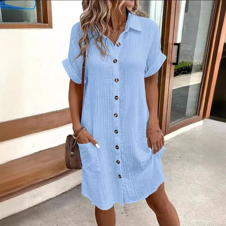 Stylish midi dress with short sleeves, made of premium polyester fabric and available in a range of colours