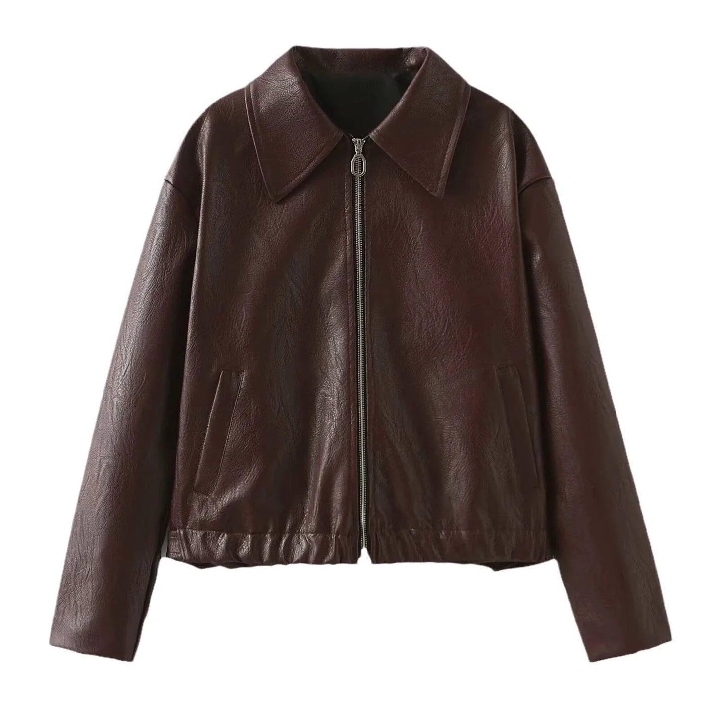 Fashionable faux leather jacket in burgundy and black colors, featuring a zipper closure and long sleeves for casual, versatile wear
