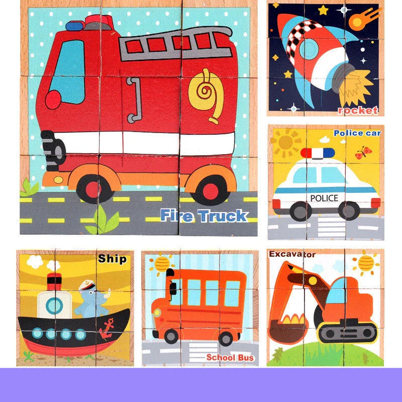 Colourful wooden 3D jigsaw puzzle with various patterns including fruit, insects, traffic, and animals