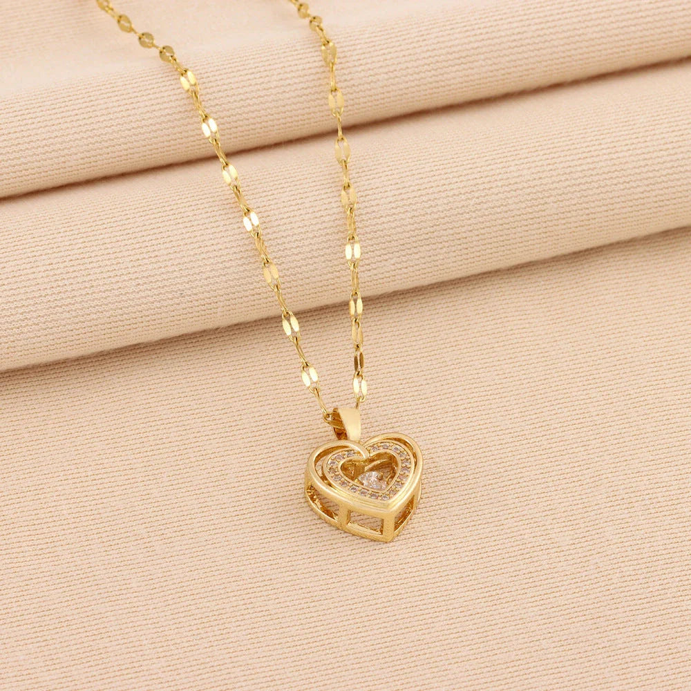 Elegant double-layered love necklace with rhinestones, titanium steel pendant, fashion jewellery for women