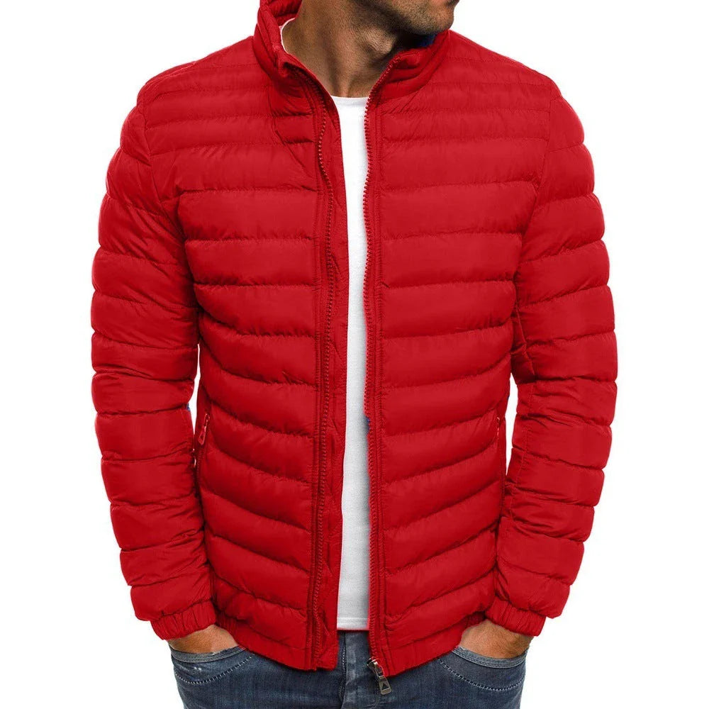 Premium men's insulated jacket in a variety of vibrant colors, featuring a durable, water-resistant outer shell and cozy polyester fiber insulation for warmth and comfort during outdoor activities.