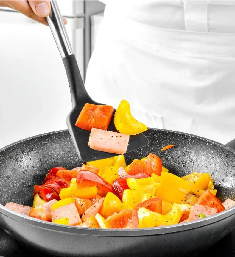 Premium silicone kitchen tool set with stainless steel handles, including various cooking and baking utensils