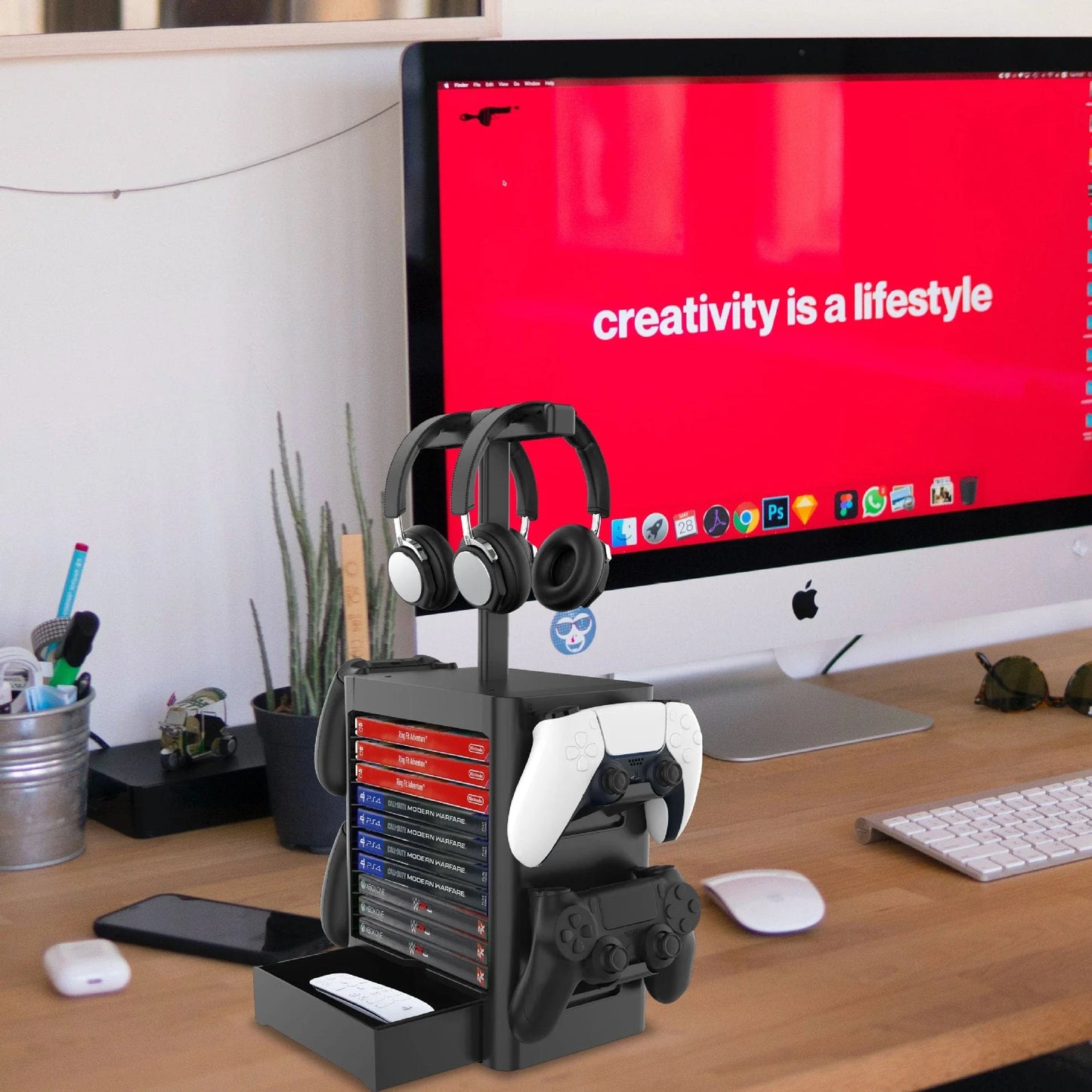 Premium gaming accessory stand with multiple storage compartments for headphones, controllers, and other console essentials