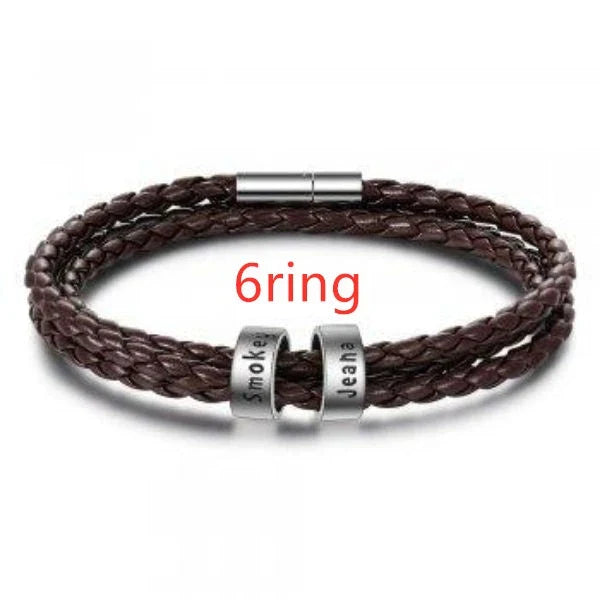 Personalized Leather Bracelet with Engraved Name Charm in Black and Brown Colors