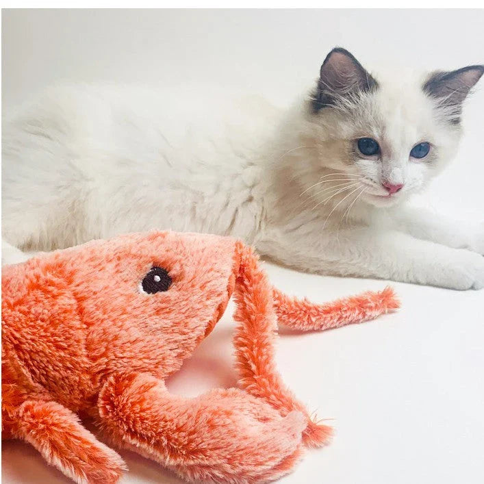 USB-rechargeable jumping lobster plush toy for cats with three tail-swinging modes and durable design