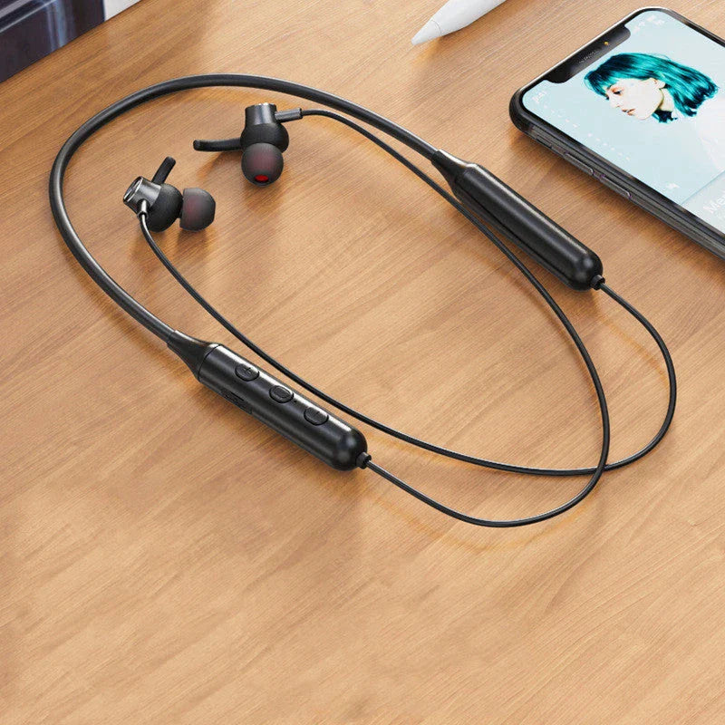 Wireless Bluetooth sports headphones with magnetic necklace design for secure, hands-free wear and superior sound quality