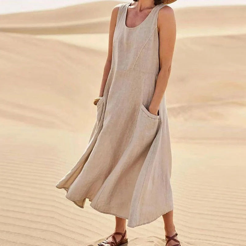 Stylish summer sleeveless long dress with pockets in various colours