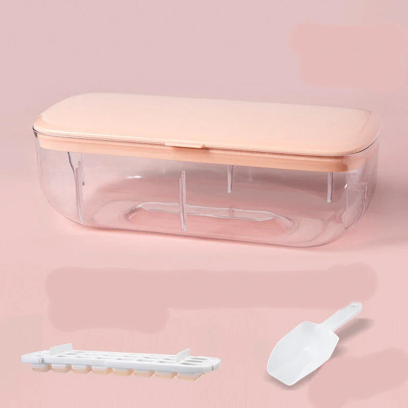 Quick demould ice cube tray set with storage box in yellow, blue, and pink