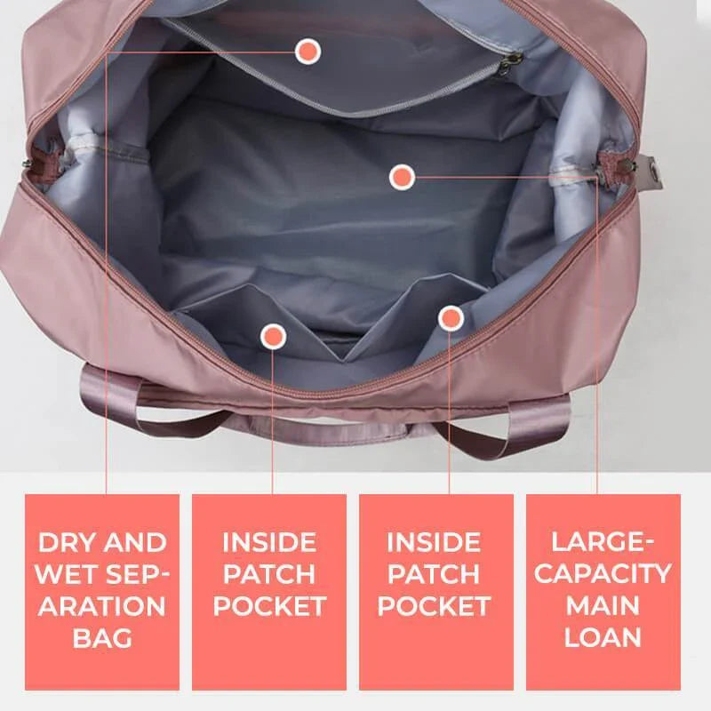 Expandable travel duffel bag with adjustable shoulder strap, multiple interior pockets, and water-resistant Oxford cloth material