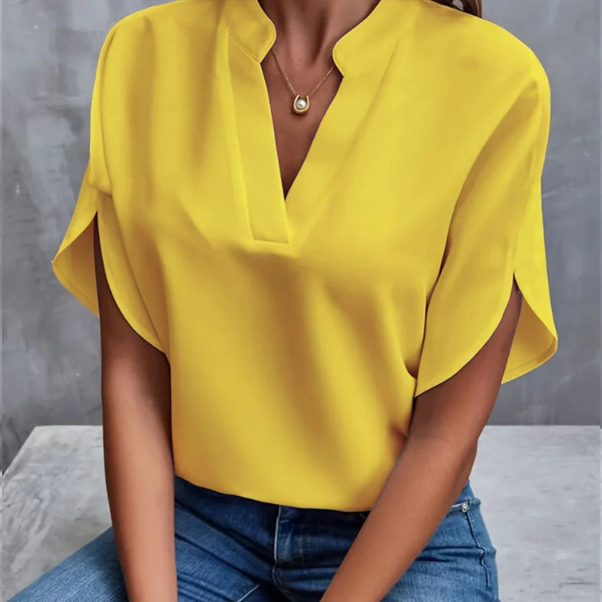 Women's summer short-sleeved chiffon shirt with V-neck design in various colours