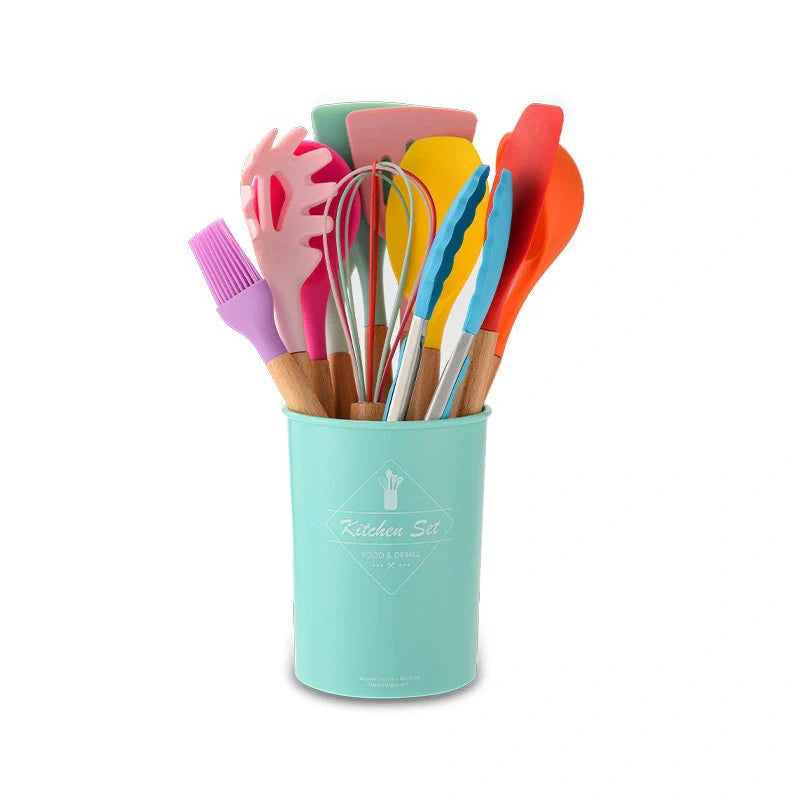 Silicone kitchenware set with wooden handles in various colors and styles, perfect for cooking, baking, and serving
