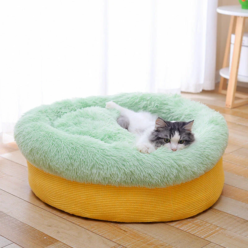 Cozy plush pet bed in pineapple design, providing deep cushioning and non-collapsible support for peaceful pet slumber