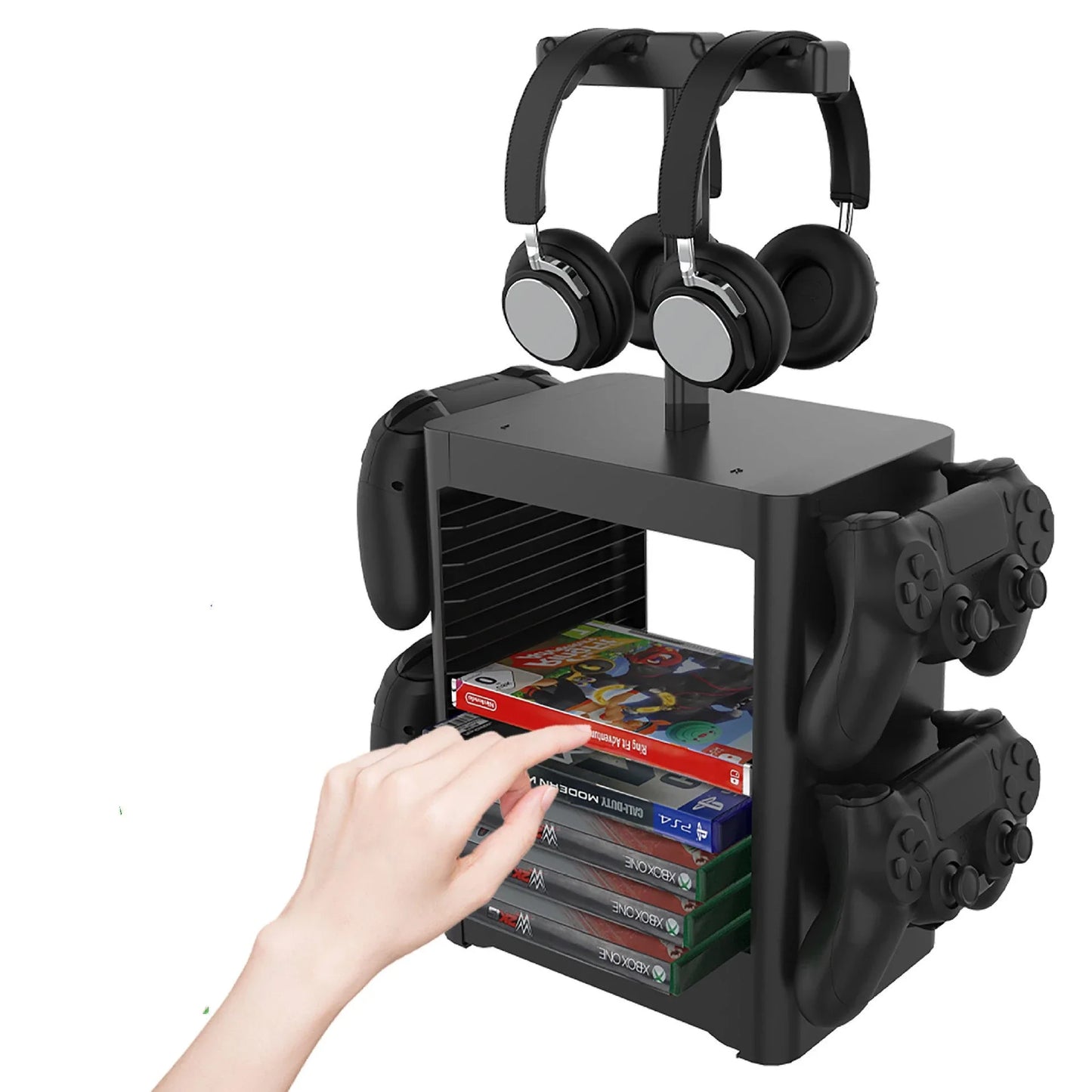 Premium gaming accessory stand with multiple storage compartments for headphones, controllers, and other console essentials