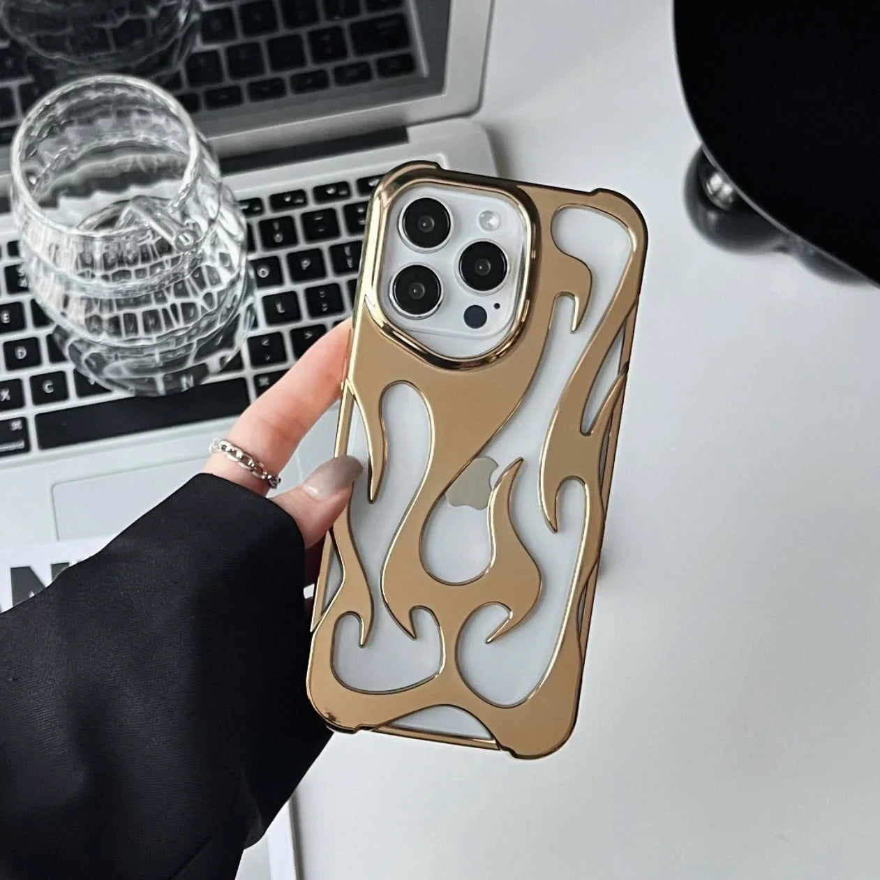 Premium electroplated iPhone case with hollow flame pattern for heat dissipation