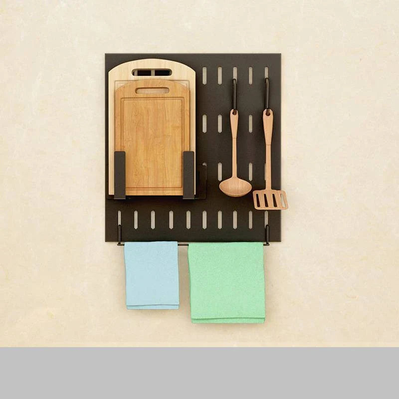 A high-quality stainless steel wall-mounted kitchen storage rack with a perforated design for customisable storage