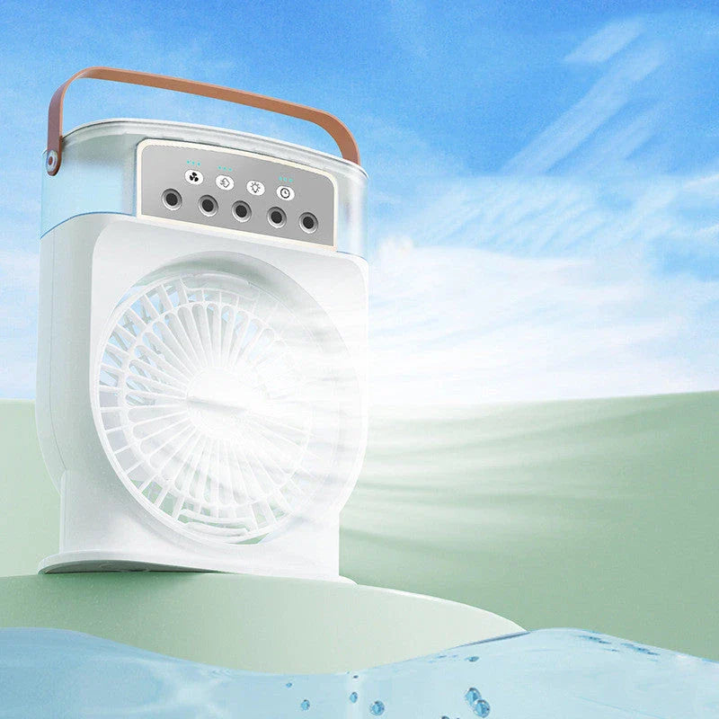 Compact USB-powered evaporative air cooler with 7-color mood lighting, portable design, and powerful fan for personal climate control