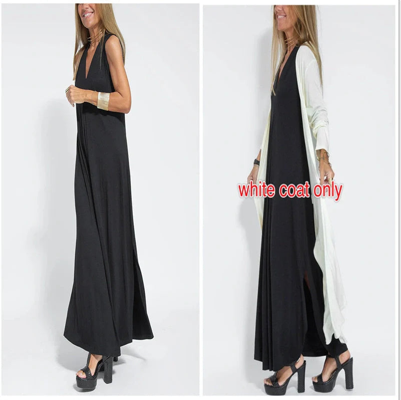 Stylish Women's V-neck Sleeveless Dress with Long Cardigan in various colors
