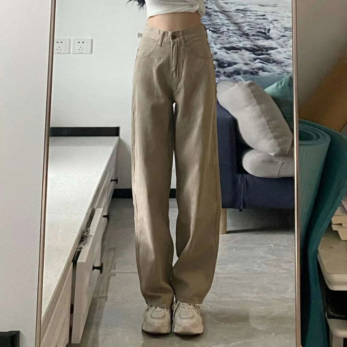 High waist wide leg jeans in khaki, retro style with button details