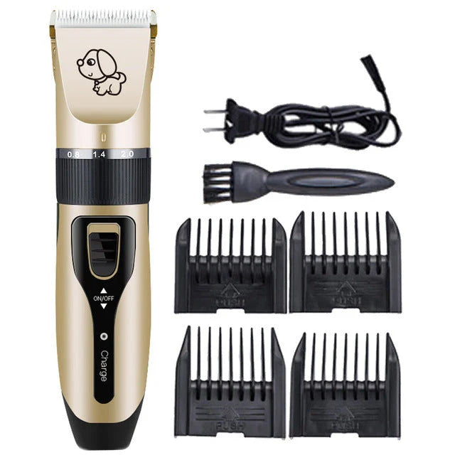 A precision dog hair trimmer with a quiet motor, featuring five speed settings, a titanium alloy fixed knife, and a long-lasting rechargeable battery for a stress-free grooming experience.