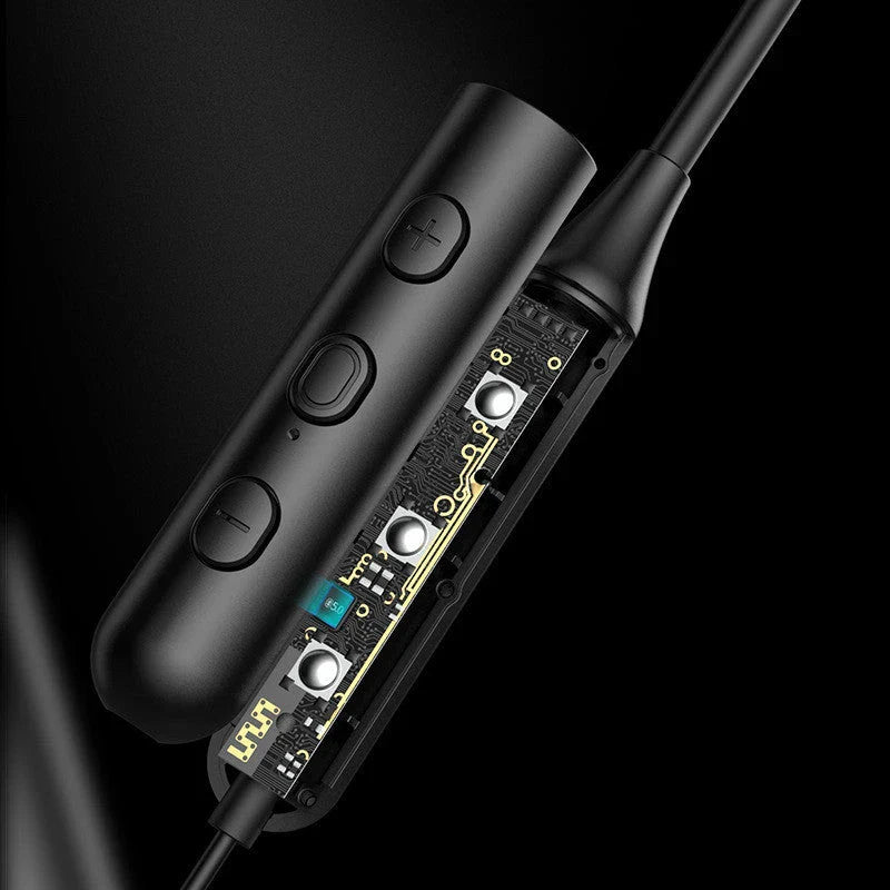 Wireless Bluetooth sports headphones with magnetic necklace design for secure, hands-free wear and superior sound quality