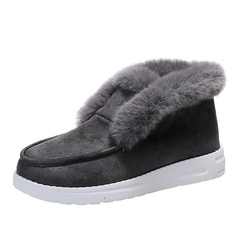 Warm plush ankle boots with suede uppers and artificial fur lining, available in black, grey, and brown colors.