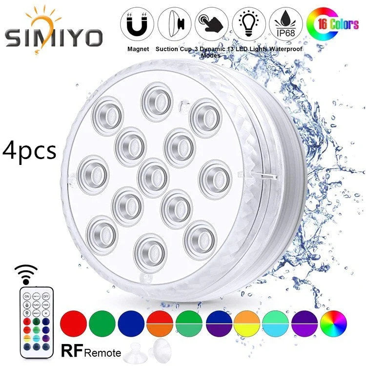 Wireless submersible LED lights with remote control, perfect for pools, spas, and outdoor decor