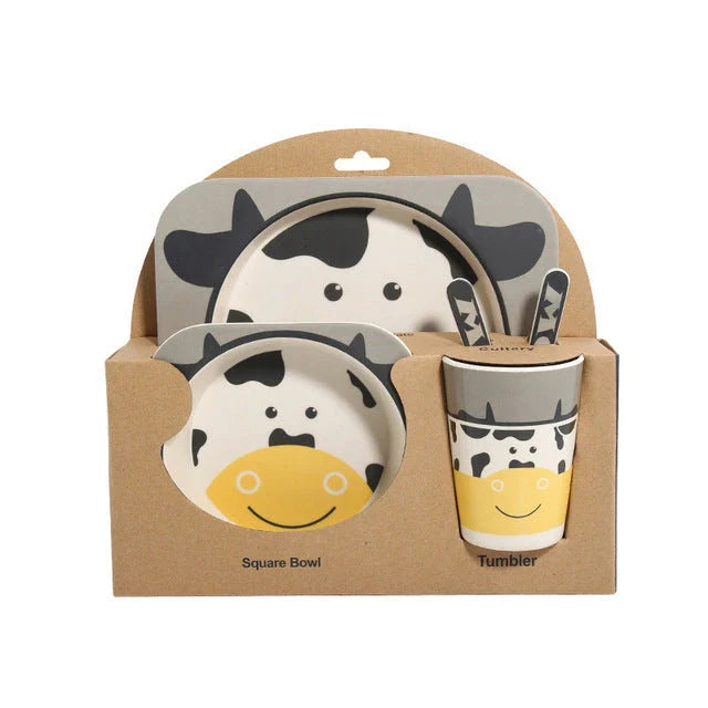 Five-piece bamboo fibre children's tableware set with plates, bowls, cups, spoons, and forks in various animal-themed designs