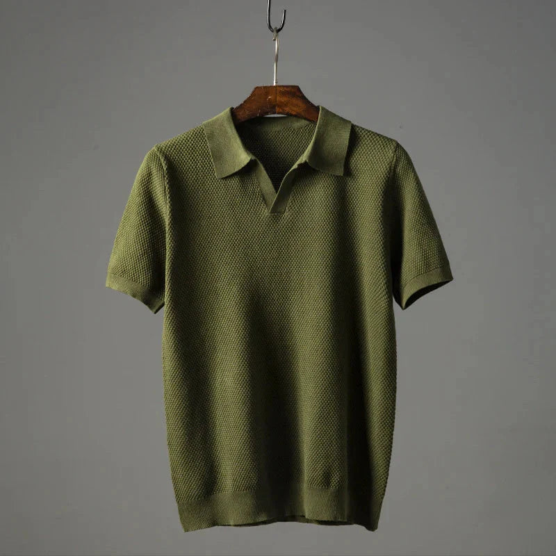 Men's V knit lapel short sleeve top in cotton, available in blue, navy blue, and grey
