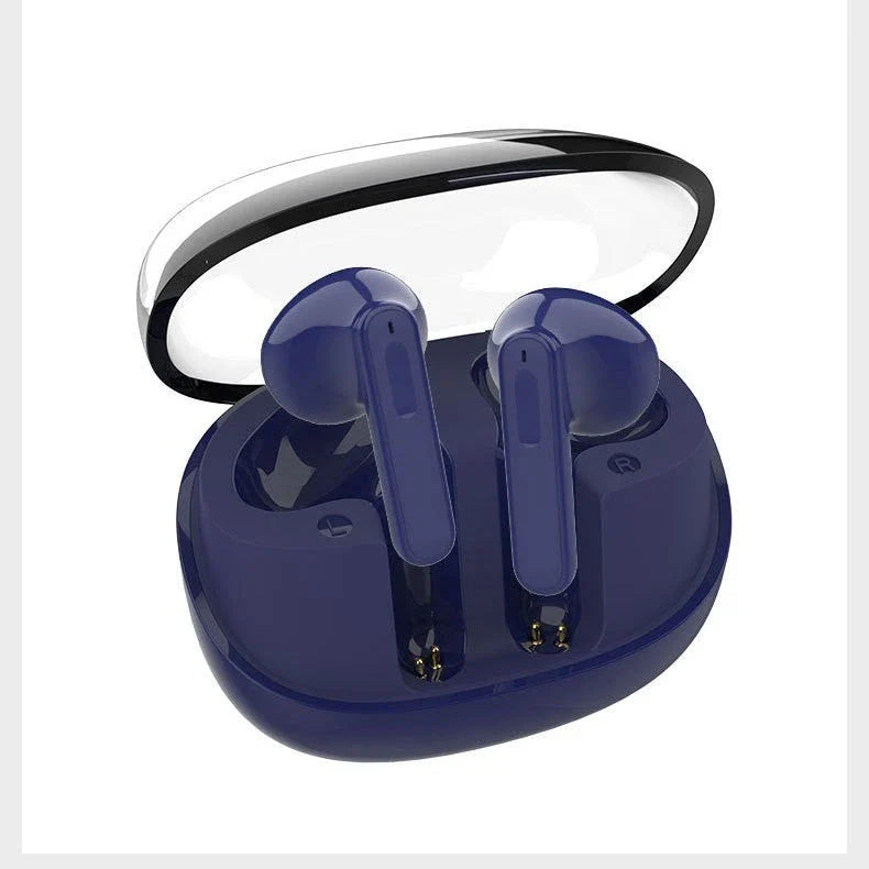 Wireless Bluetooth earbuds with transparent design, offering 9D surround sound, ergonomic fit, and convenient connectivity
