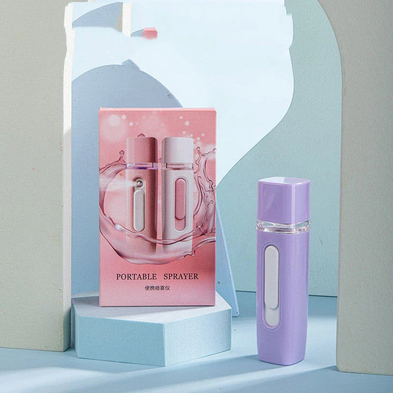 Portable facial mister with 38ml water tank, transforms water into fine mist for hydrating skin on the go
