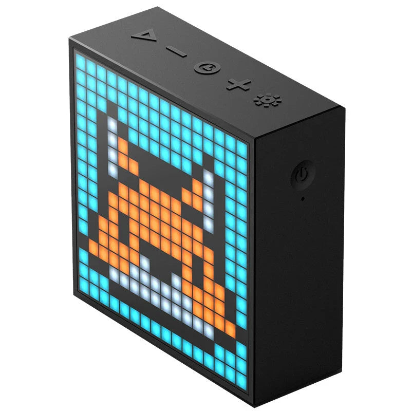 Bluetooth speaker with programmable LED display for pixel art creation, alarm clock, and DJ sound effects