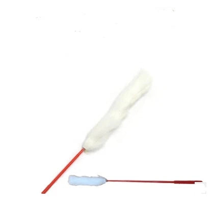 A handcrafted cat toy made from solid wood and natural materials, featuring a feather-on-a-stick design to captivate and engage your feline friend.