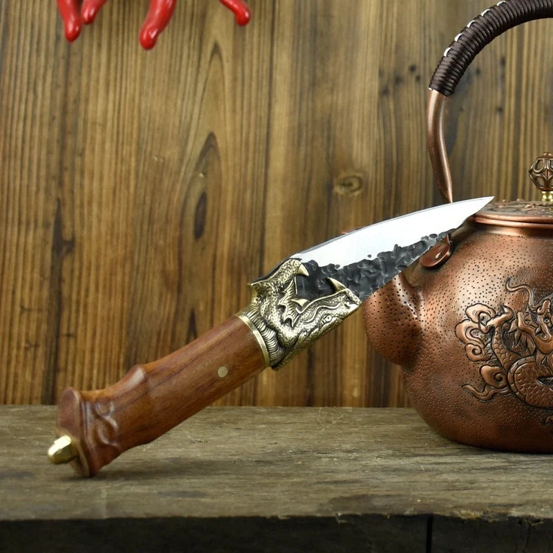 Hand-forged slicing knife with rosewood handle and pure copper guard