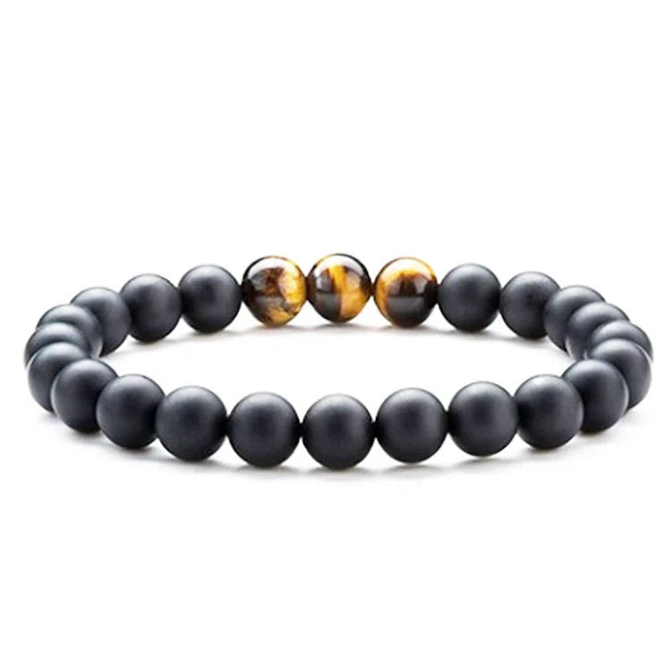 Matte black agate beads and tiger eye couple bracelets with geometric design