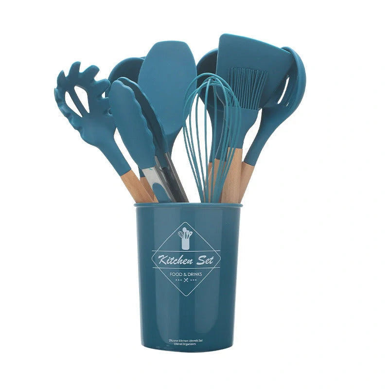 Silicone kitchenware set with wooden handles in various colors and styles, perfect for cooking, baking, and serving