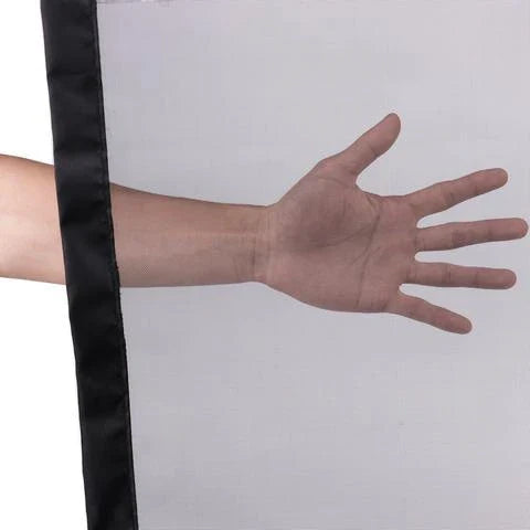 Versatile foldable pet safety barrier made of durable mesh fabric and stainless steel for use in doorways, walls, and stairs