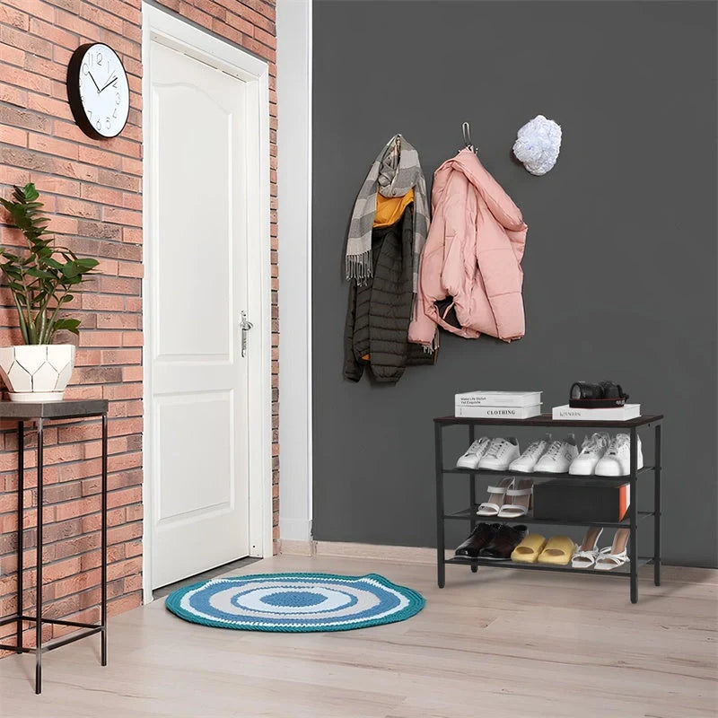 4-tier rustic wooden shoe rack with coat hook and grid design for hallway storage